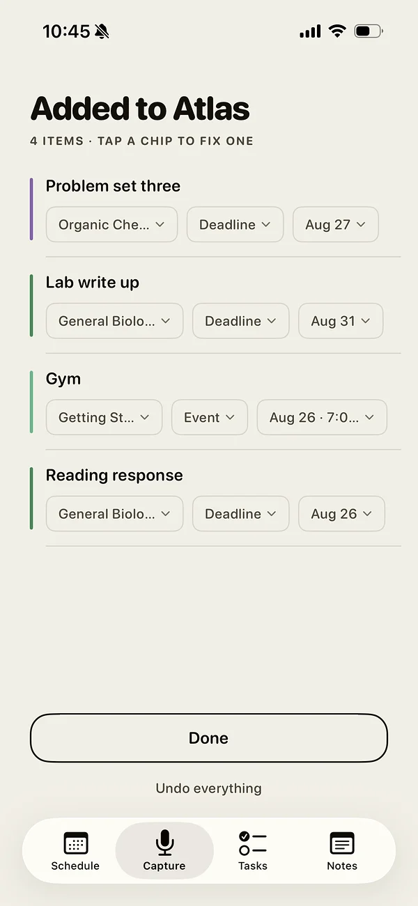 Atlas on iPhone confirming four items it sorted out of one note, each with a class and a due date.