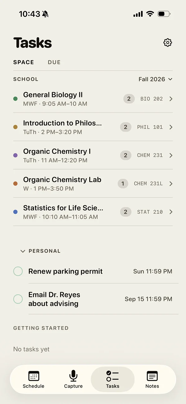Atlas on iPhone listing tasks grouped by class and by personal space.