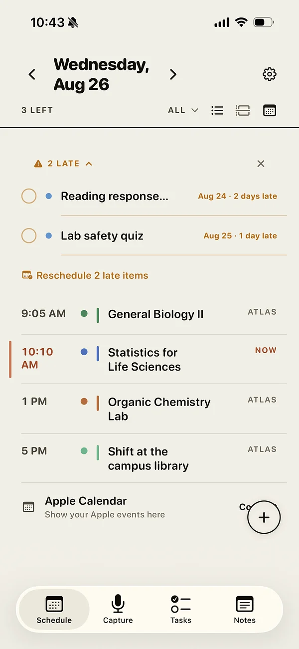 Atlas on iPhone showing today's schedule with the current class marked NOW.